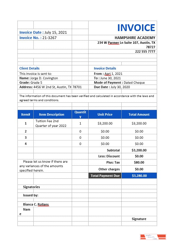 School Tuition Invoice Template PSD template